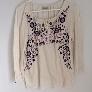 Lucky Brand women’s print small ivory long sleeve embroidered blouse top